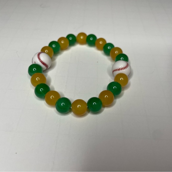 Handmade Elastic Green and Gold Baseball Bracelet - Picture 2 of 4